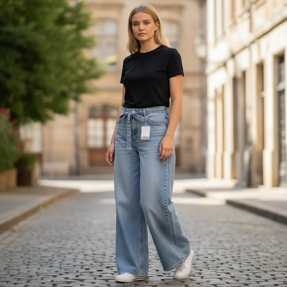 ASOS DESIGN Light Wash Wide Leg Jeans with Braided Belt US 12 NWT